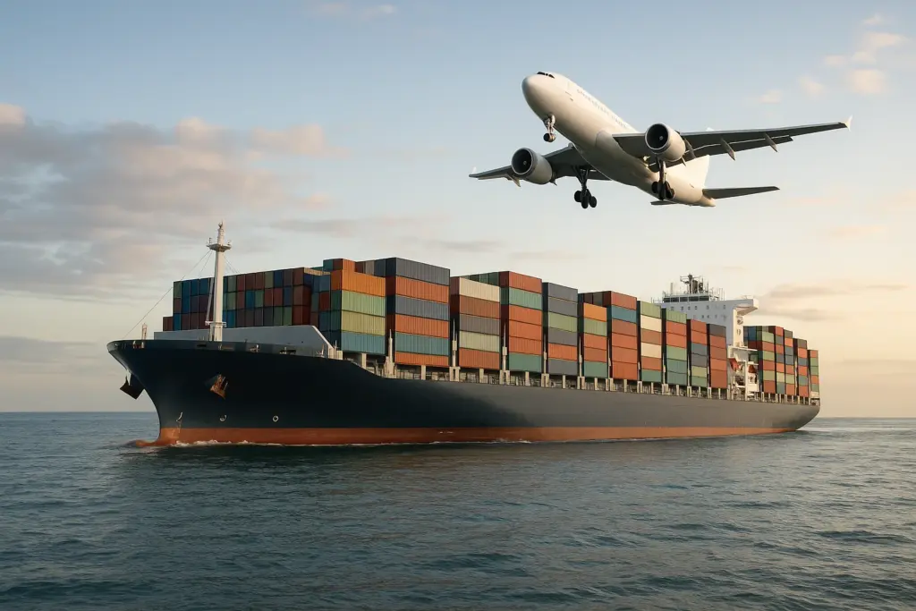 Containerschiff und Frachtflugzeug – Luft- & Seefracht weltweit